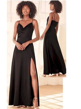 Lulus Formal Invitation Black Satin Cowl Neck Maxi Dress Size Medium NWOT